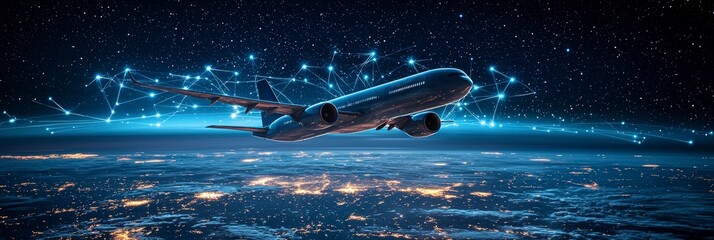 Wall Mural - an airplane suspended in a cosmic setting, with vibrant digital networks radiantly lit, symbolizing 