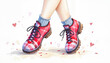 © Mikhail - Girl's feet in red plaid boots and blue socks surrounded by hearts and flowers