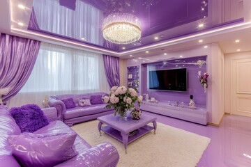 Wall Mural - Elegant purple themed living room interior design with glossy finishes and floral accents