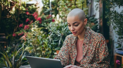 Woman with shaved head using laptop in a lush green garden.  Concept of nature, technology, relaxation, and focus.