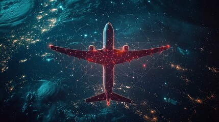 Wall Mural - a captivating image of an airplane digitally connected while flying above the earth, illustrating th