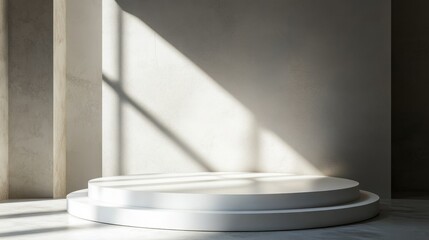 Poster - Minimalist studio space with natural light on round platform for creative presentations