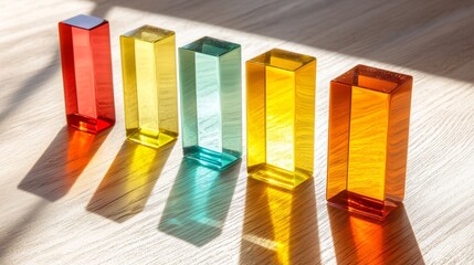 Aufkleber - Colorful Transparent Blocks on Wooden Surface