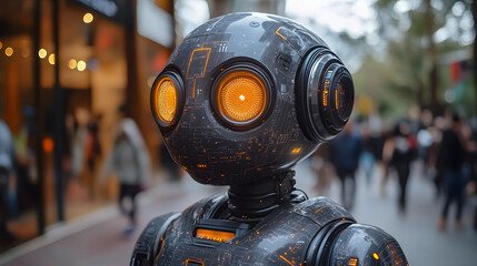 Futuristic robot with glowing orange eyes and a metallic, armored design, standing in a blurred urban background with warm lights. It appears lifelike, blending into the surroundings.