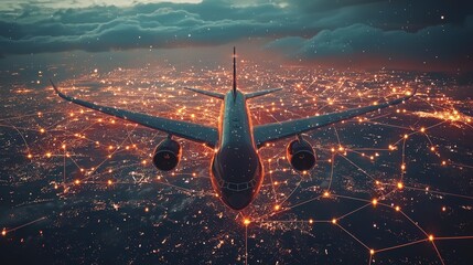 Wall Mural - an airplane flies high above a sprawling, illuminated cityscape at night, surrounded by a vibrant we