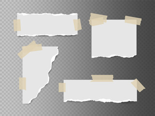 Poster - Realistic ripped white paper fragments taped with adhesive strips. Torn paper pieces with sticky tape. Perfect for collage, notes, memos, poster, graphic, and social media
