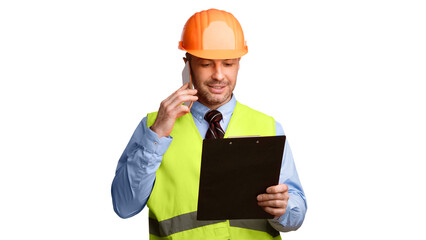 Poster - Male Builder Worker In Hardhat Talking On Cellphone Discussing Building Project Holding Folder Standing Over White Background. Construction Foreman Speaking By Phone. Panorama, Studio Shot