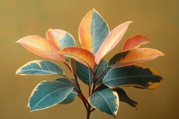 Wall Mural - A close-up of vibrant green, yellow, and orange leaves of a tropical plant against a muted green background.