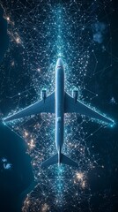 Wall Mural - an impressive scene of a blue airplane flying over a vast digital network with glowing lines, repres