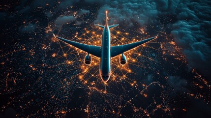 Wall Mural - an airplane flies over a cityscape illuminated by vibrant orange and yellow lights, with a network o