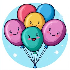 Wall Mural - Colorful, smiling balloons grouped together against a blue background.