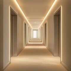 Poster - warm lighting illuminates a long hotel corridor with doors on each side, leading towards a bright wi