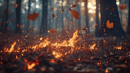 Poster - Enchanted Forest with Flickering Flames and Falling Leaves