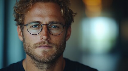 A young man with glasses poses confidently indoors, showcasing his thoughtful expression in soft natural light