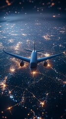 Wall Mural - an airplane flies over the illuminated cityscape, depicting connectivity and modern travel with a ne