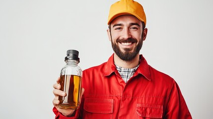 A cheerful car mechanic holds a bottle of engine oil at eye level, inviting the viewer's attention to its features, with a bright white background that enhances clarity