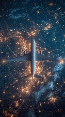 Wall Mural - a modern aircraft flies over city lights shrouded in a starry veil, showcasing technological advance