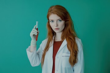 A young scientist in a lab coat holding a test tube filled with red liquid against a green background