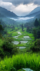 Poster - A lush green valley with a mountain in the background