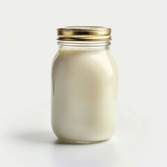 Poster - Glass jar with golden metal lid containing milk, isolated on white background, representing dairy product, healthy nutrition, and freshness