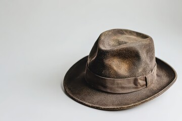 A vintage brown fedora rests casually on a white surface, showcasing its unique design and texture