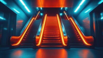 Neon lit escalators in a futuristic subway station.