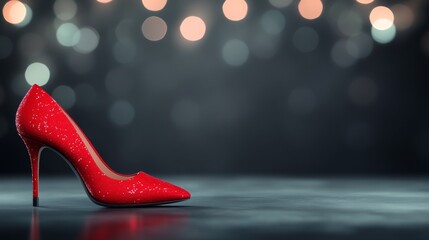 Elegant red high heel positioned on a dark surface against a black background in low light