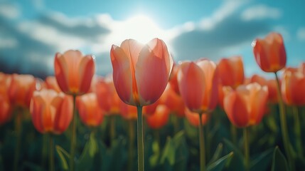 Canvas Print - Tulip blossoms bathed in sunlight in a vibrant field during springtime