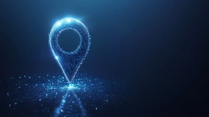 A glowing blue location pin made of connected lines and dots on a blue background.