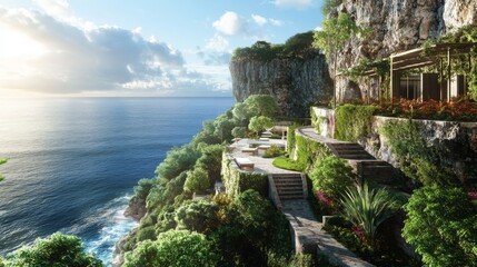 Poster - Cliffside Villa with a Sea View and a Garden Path