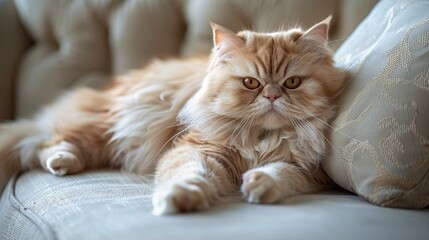 a fluffy persian cat lounges on an elegant cream sofa, exuding comfort and serenity amidst its luxur