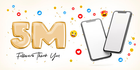 5 Million followers celebration. With two blank white screen smartphones. Posting on social media. Advertising banner. 3D rendering