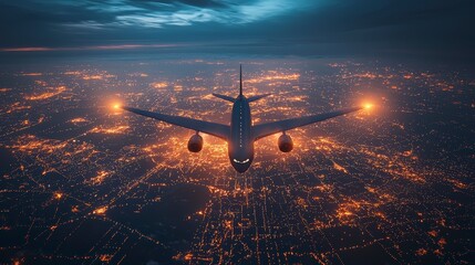 Wall Mural - a commercial airplane flies over a city whose layout is illuminated with intricate light patterns, r