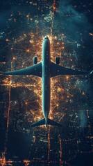 Wall Mural - viewed from above, an aeroplane navigates a luminous digital grid across a nighttime landscape. the 