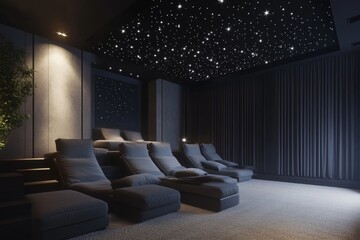 Wall Mural - Cozy home theater featuring beige carpet, gray walls with white accents, and starry ceiling decor