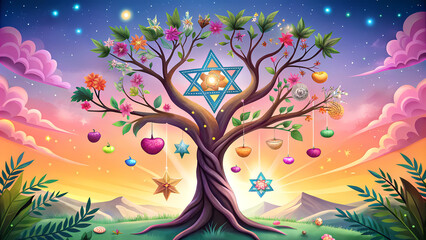 Tree decorated with symbols for Tu Bishvat holiday illustration