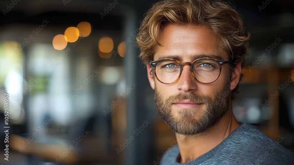 Young man with stylish glasses and tousled hair smiles warmly in a modern café setting during the afternoon