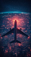 Wall Mural - a large airplane flying over a bustling city, showcasing a vibrant network of glowing lights beneath
