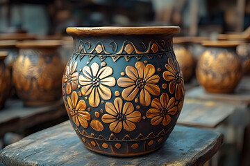 A beautifully crafted ceramic pot with intricate floral designs, showcasing warm tones and artistic detail.