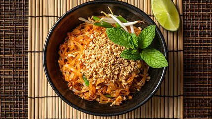 Vegetarian Pad Thai with crunchy peanuts, isolated on a bamboo mat, garnished with fresh mint, lime wedges, and a sprinkle of fried shallots