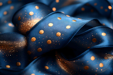 Poster - A luxurious blue ribbon with shimmering gold polka dots elegantly cascades and folds, showcasing its rich texture and vibrant colors.