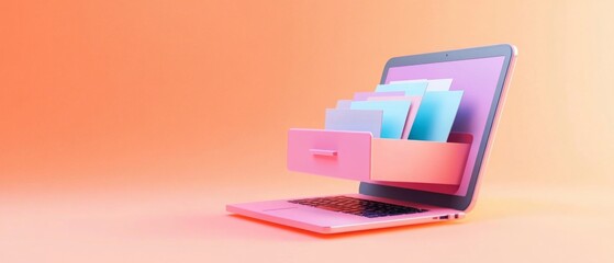 Wall Mural - advanced document management , laptop with a drawer filled with document on a peach background. Digital File Organization.