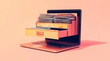 Wall Mural - advanced document management , laptop with a drawer filled with document on a peach background. Digital File Organization.