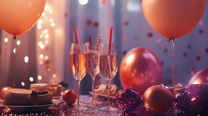 A festive New Year  celebration scene featuring elegantly decorated balloons, sparkling confetti, and stylish party accessories arranged on a shimmering table.