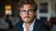 © Рудой Максим - A young man with curly hair and glasses sitting calmly indoors during the day