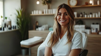 Professional beautician in a luxurious beauty studio, smiling with confidence, surrounded by state-of-the-art equipment and a modern, serene interior