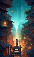 Futuristic urban exploration: solitary child in neon-glowing alleyway of vertical cityscape