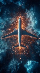 Wall Mural - a modern jet flies over a digital network glowing vividly, symbolizing global connectivity and advan