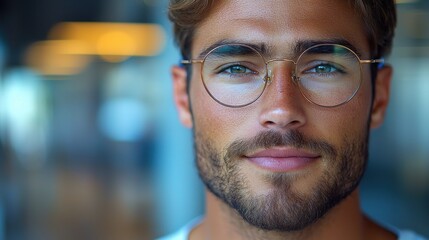 A close-up of a young man with stylish glasses smiling while indoors in a bright and modern setting