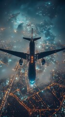 Wall Mural - a plane soars above a glowing cityscape at night, surrounded by a magical haze and illuminated by th